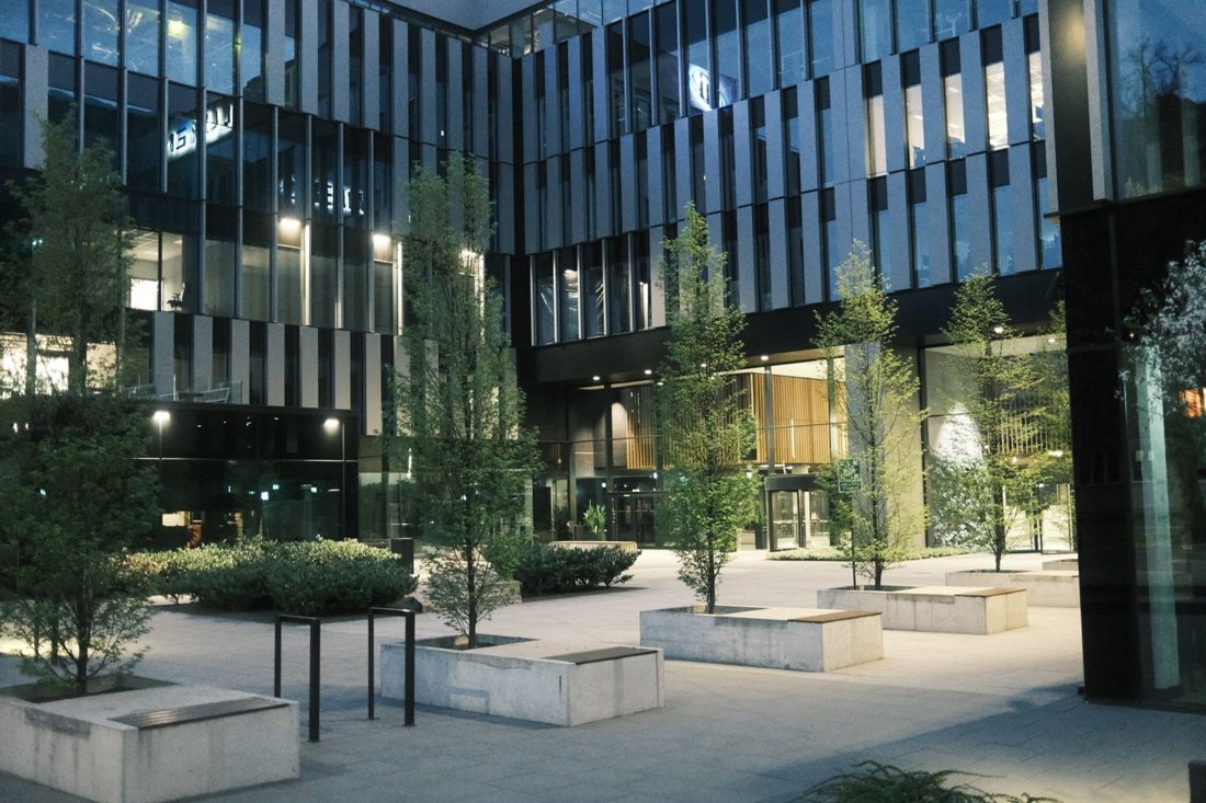 Modern office building with trees
